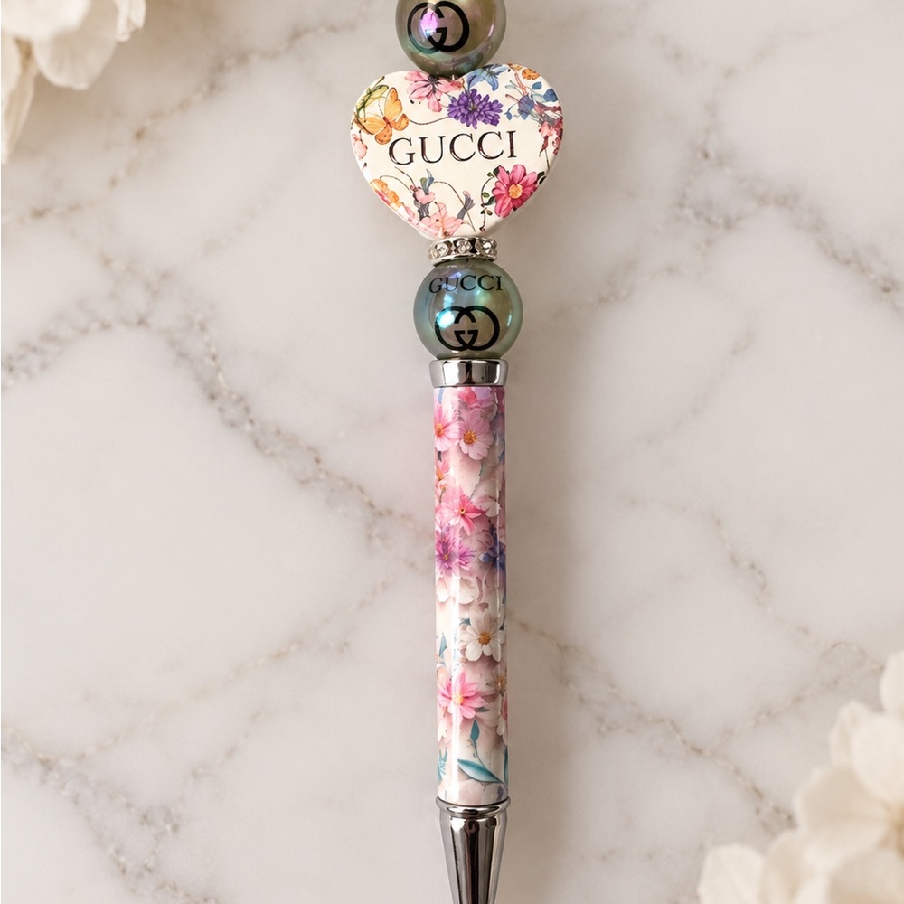 Floral Heart Logo beaded Ballpoint Pen - Pink Floral